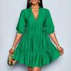 Women’s V Neck Tiered Mini Dress with Three Quarter Sleeve Loose Fit Casual Gathered Skirt Pullover Style