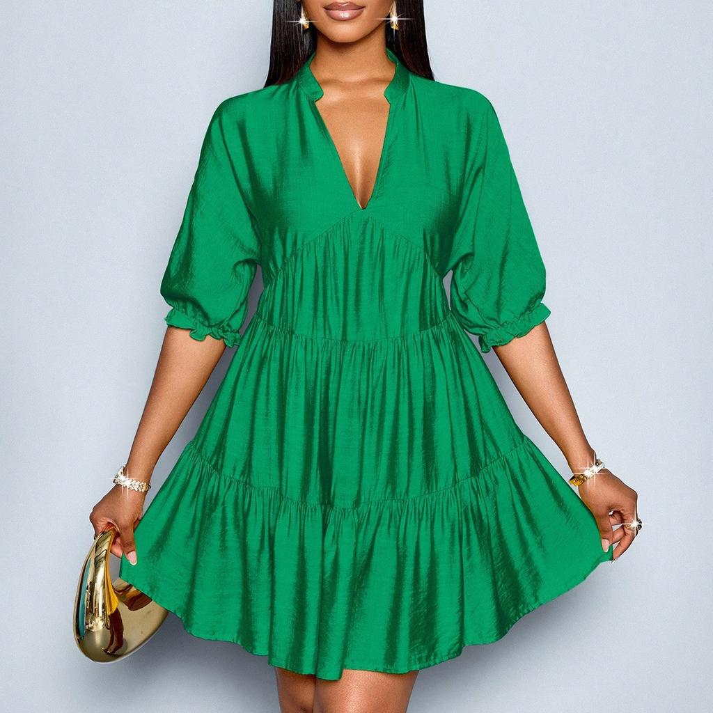 Women’s V Neck Tiered Mini Dress with Three Quarter Sleeve Loose Fit Casual Gathered Skirt Pullover Style