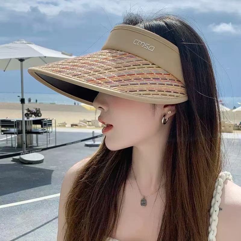 Summer UV Protection Empty Top Sun Protection Hat Women's Big Brim Rainbow Beach Shade Straw Hat Cycling Face Cover Sun Hat