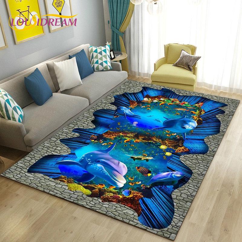 3D-Illusion Unterwasserwelt Meeresboden Delfin Hai Teppich, Teppich für Wohnzimmer Schlafzimmer Sofa Fußmatte Rutschfeste Bodenmatte
