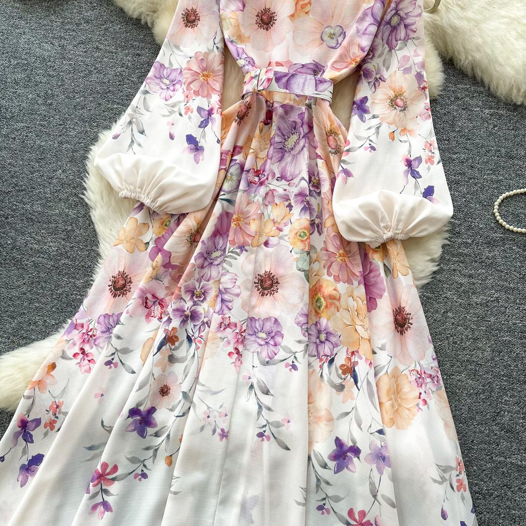Spring/Summer Romantic Floral Print Stand-Up Collar Bell-Sleeve Slimming Party Dress for Women Elegant Single-breasted Maxi Dress with Belt