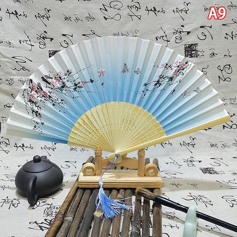 Vintage Chinese Style Folding Fan Bamboo Hand Fan Wooden Shank Classical Dance Fan With Tassel Elegent Female Fan Home Decor