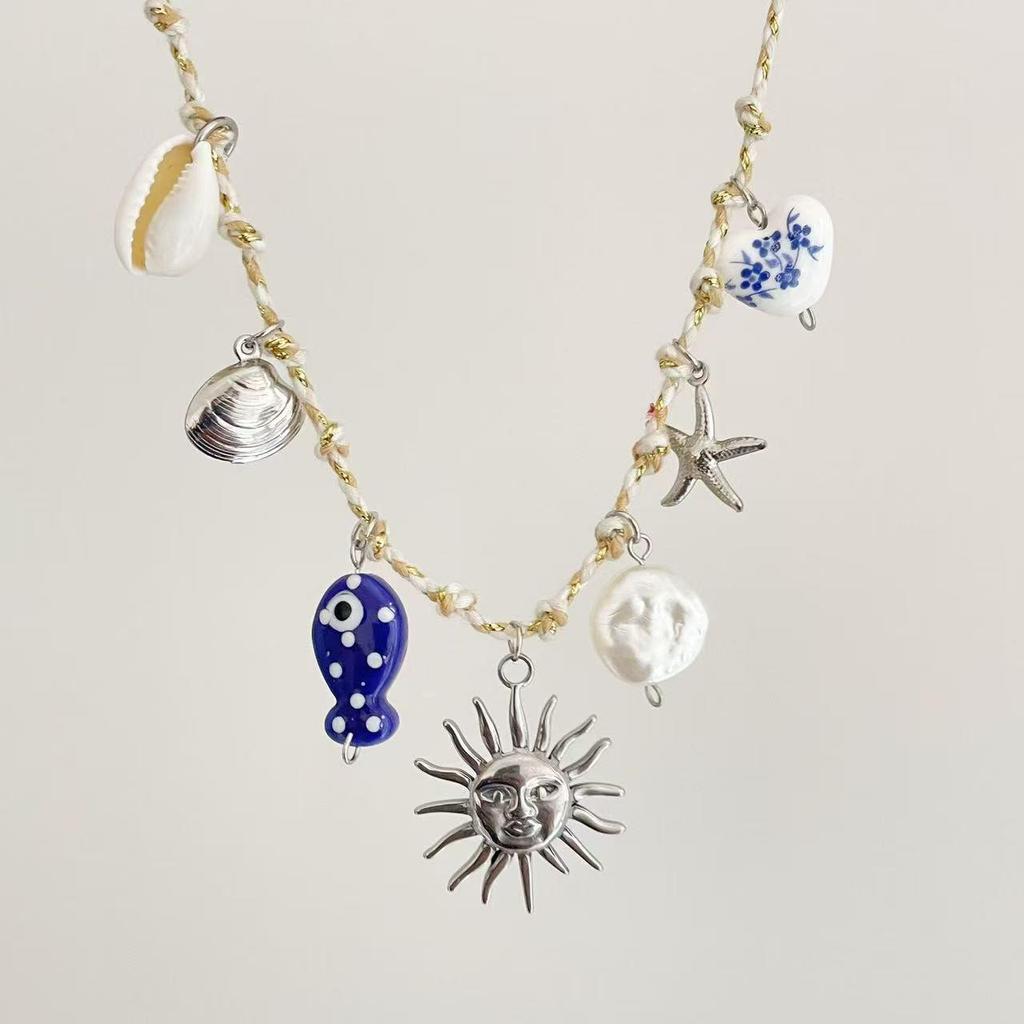 Summer Sea Breeze Starfish & Seashell Heart Pendant Rope Necklace