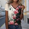 Fashion Rose Printing Blouses Short Sleeve V-Neck T Shirts Casual