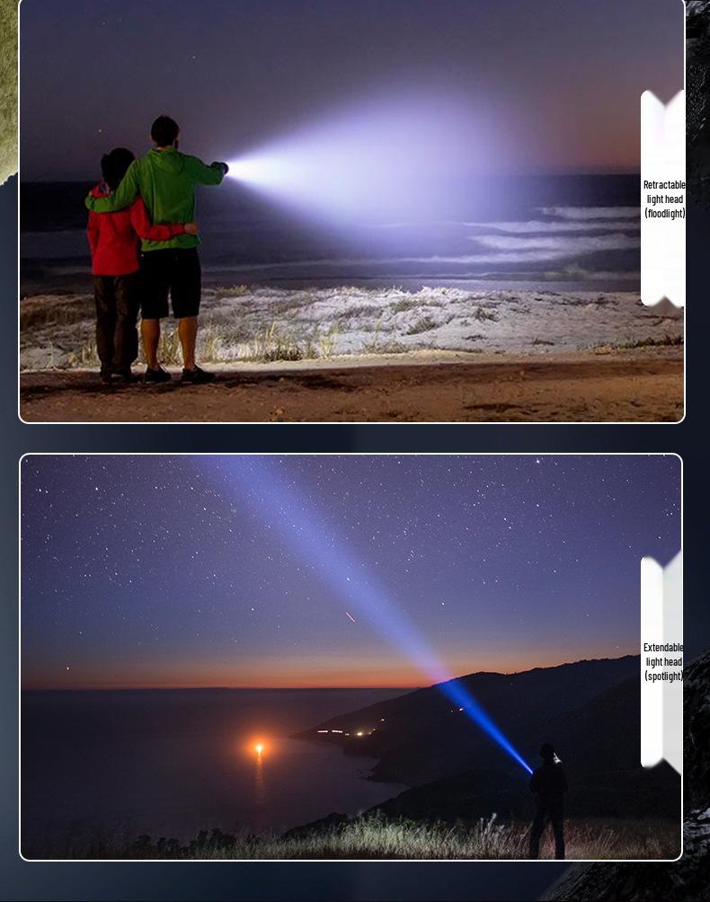 Outdoor LED Tactical Flashlight with White Laser, Type-C Charging, Aluminum Alloy, Telescopic Zoom, Long-Range, Strong Light Handheld.