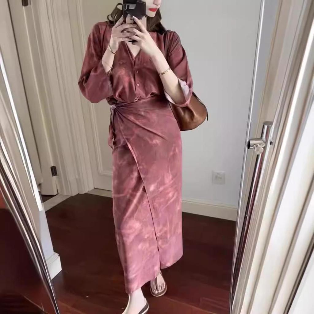 Elegant Burgundy Silk Wrap V-Neck Dress with Mid Sleeves