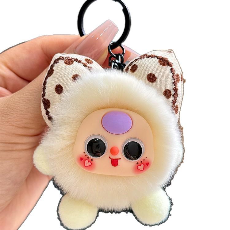 Imitation Rex Rabbit Bowknot Keychain with Coal Ball Pendant - Cute Doll Backpack Charm