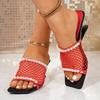 Pantuflas de tacón alto para mujer, de moda, con tejido de malla hueca, elegantes, con perlas y punta cuadrada. Sandalias versátiles para verano y exteriores.