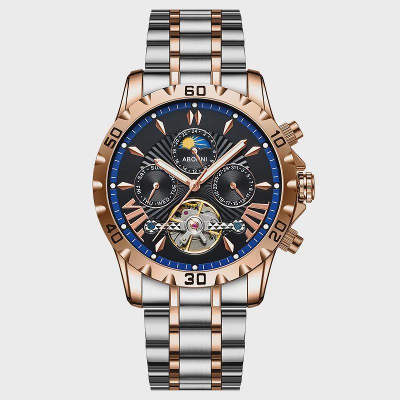 Men Business Casual Mechanical Watch Calendar Week Moon Phase Multifunctional Waterproof Luminous Stainless Steel Wristwatch