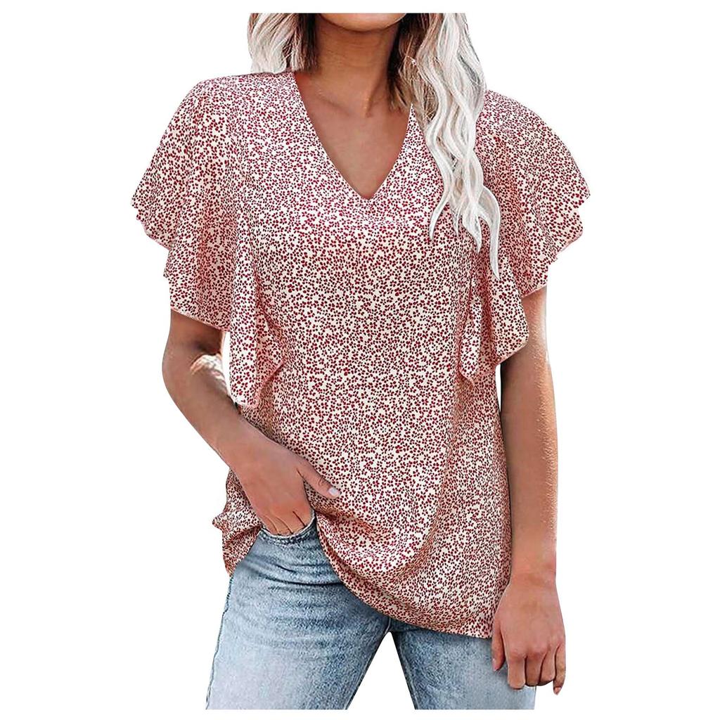 Women's Casual V-neck Short Sleeve T-shirt Ruffle Sleeve Loose Top