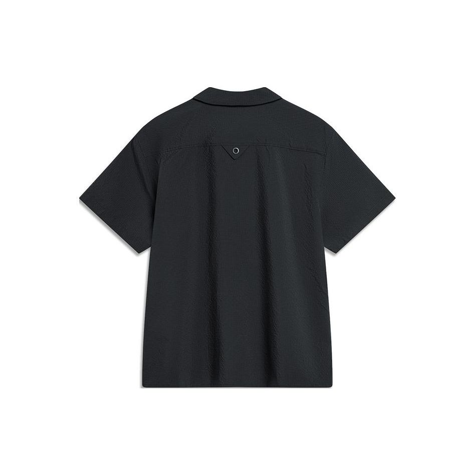 Li Ning CF Anti-UV Anti-Bacterial Cardigan With Sharp Collar Printed Letter Short Sleeve Shirt Men Shirts Black ASHU461-1