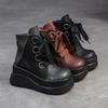 Johnature Genuine Leather Wedges Short Boots Retro Thick Soled Side Zipper Versatile Women's Shoes
