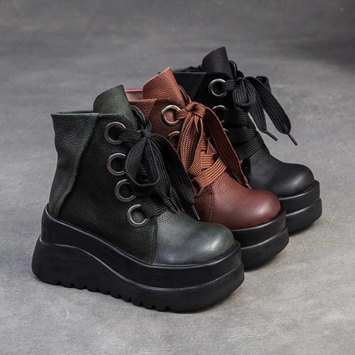 Johnature Genuine Leather Wedges Short Boots Retro Thick Soled Side Zipper Versatile Women's Shoes