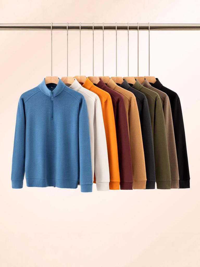 Men's Half-Zip Stand Collar Double-Sided Fleece Long Sleeve Top - Thick, Warm Base Layer for Autumn/Winter