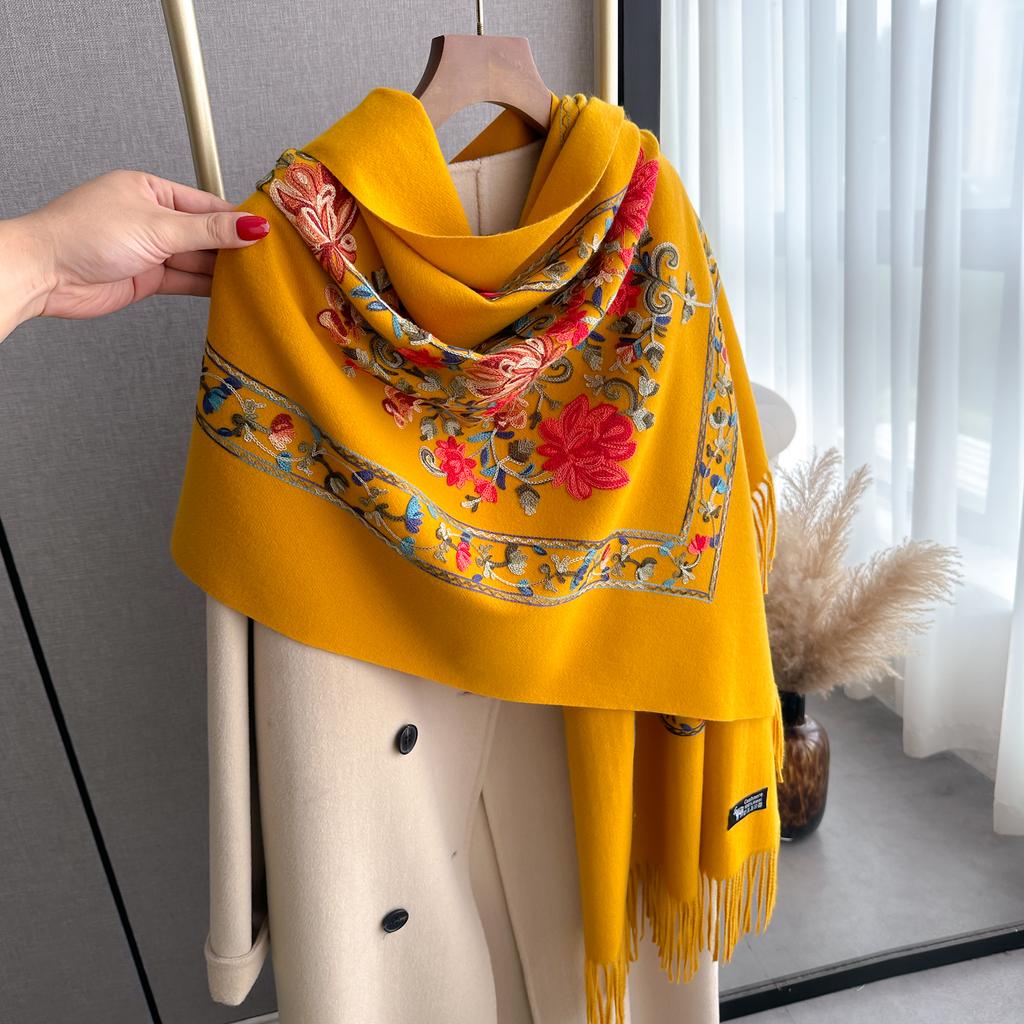 Fashion Luxury Embroidery Scarf Elegant Women Winter Thick Warm Neck Pashmina Long Fringe Scarves Lady Blanket Soft Shawl