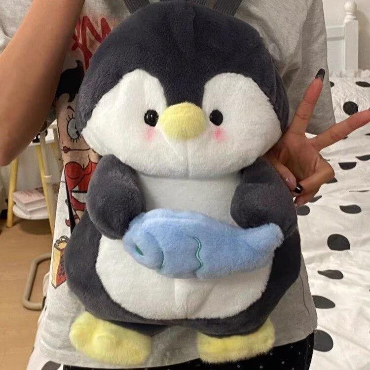 Cartoon Penguin Plush Toy Backpack Claw Machine Doll - Cute Fish-Holding Figure 30 cm серый