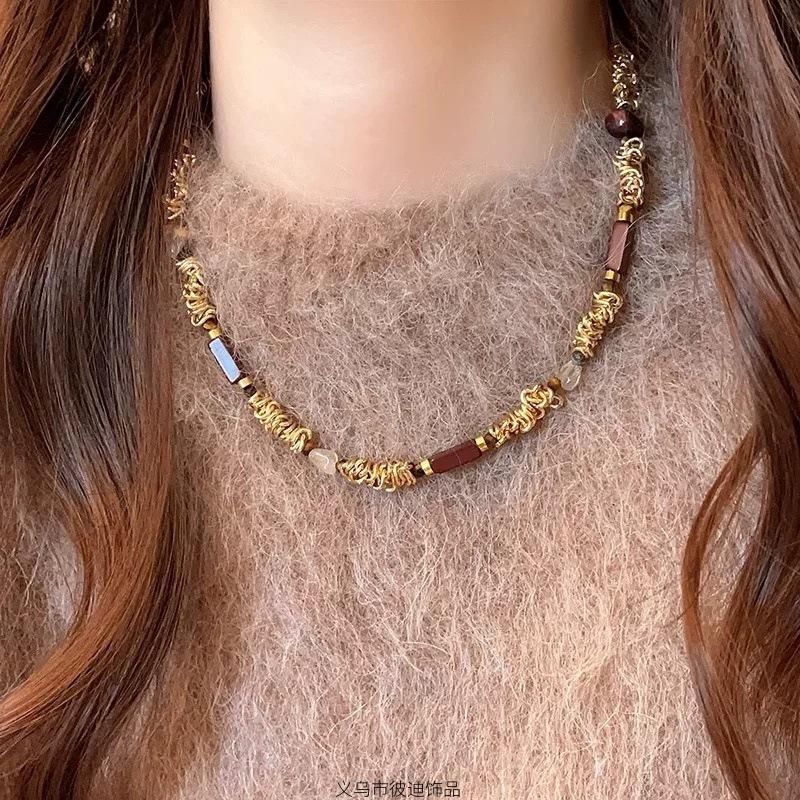 Maillard Tiger's Eye Brown Pearl Beaded Necklace - High-End Women's Sweater Chain for Autumn/Winter 2025