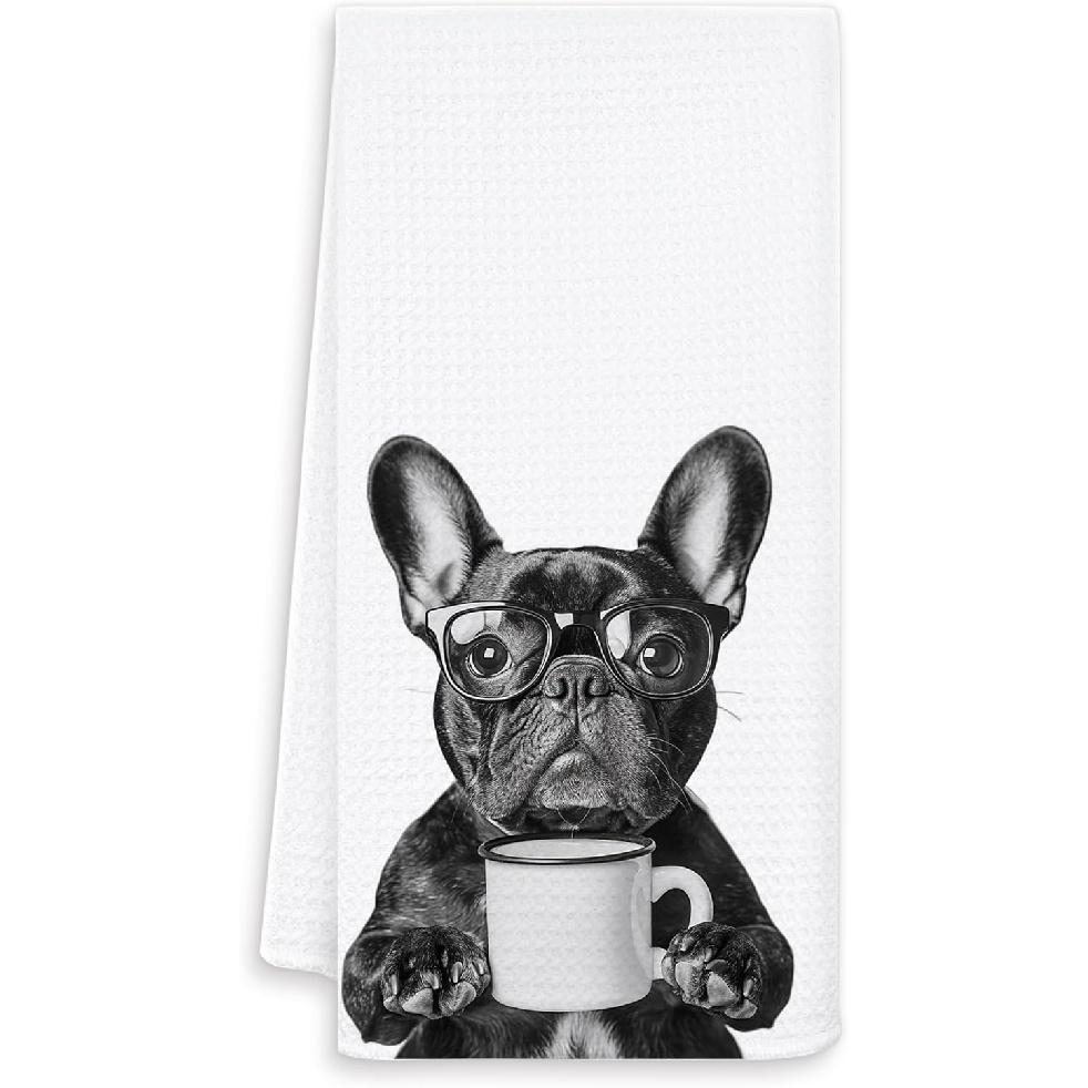Funny Coffee French Bulldog Kitchen Towels, Gifts for French Bulldog Lovers Dish Tea Towel for Kitchen Coffee Bar Station Decor, Frenchie Mom Gifts