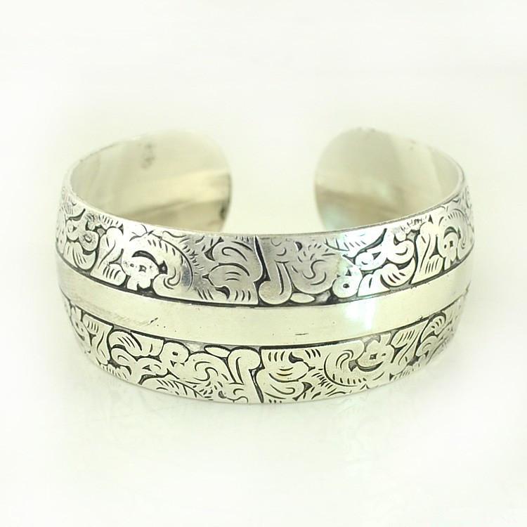Ancient Silver Tibetan Decoration Engraved Opening Bracelet, Ethnic Style Retro Wide Bracelet, Bracelet