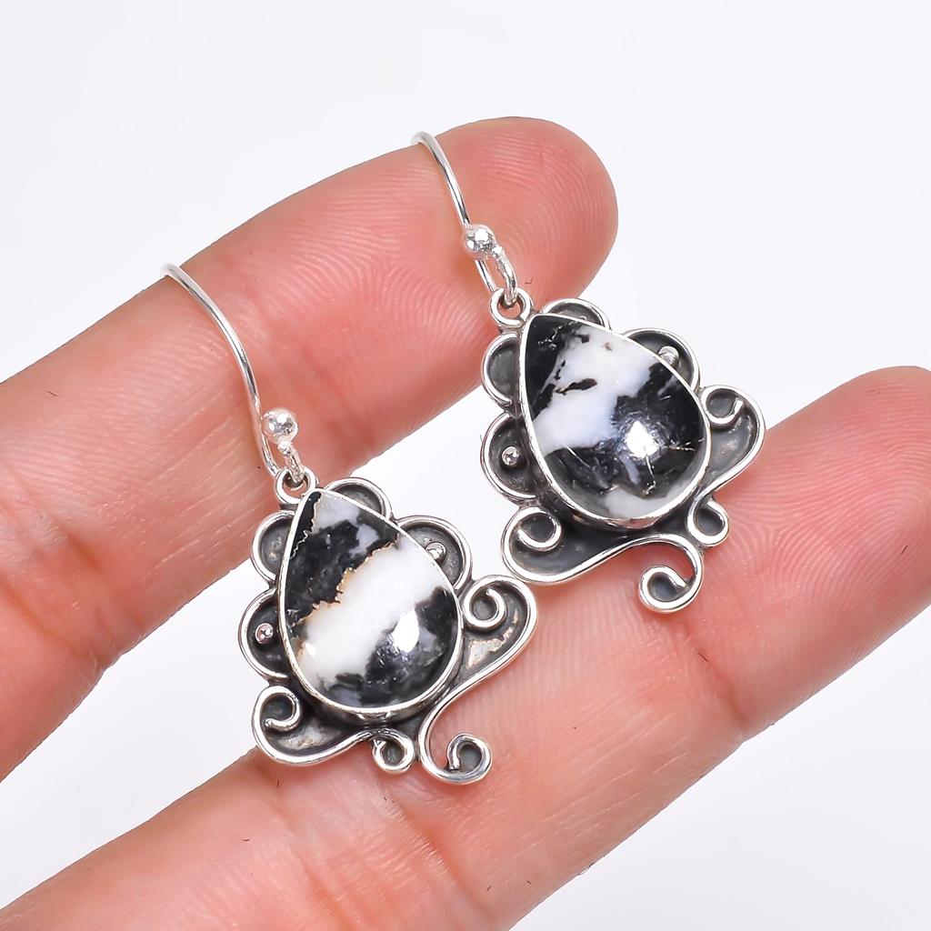 White Buffalo Turquoise - Nevada 925 Sterling Silver Earring V9833, Black & White Earring, Pear Earring, Valentin's Day Gift, Gift For Her, Birthday G
