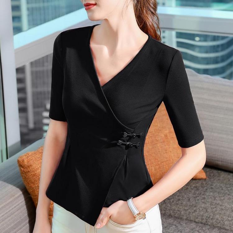 Women Cross V Neck Cotton T Shirt Irregular Hem Waist Top Buckle Medium Sleeve New