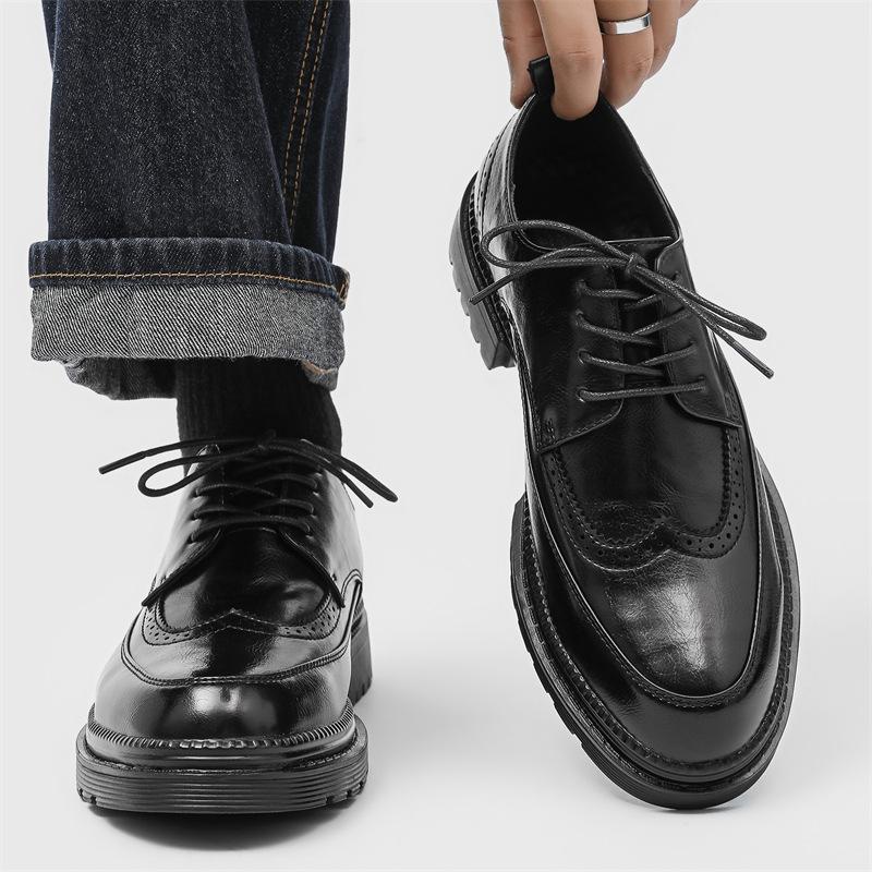 

2025 новый тренд моды Chelsea с острым носком, на плоской подошве, однотонные универсальные мужские кожаные туфли со шнуровкой спереди PX25-J 38 чёрный