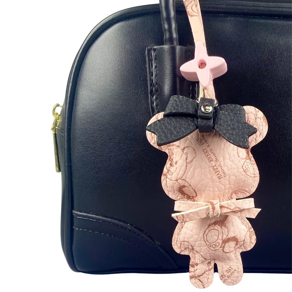 Handmade Leather Bear Bag Charm/Keychain-Detachable Leather Bow/Four-Leaf Clover Bead-PU Leather-Cute Animal Carrying Accessory