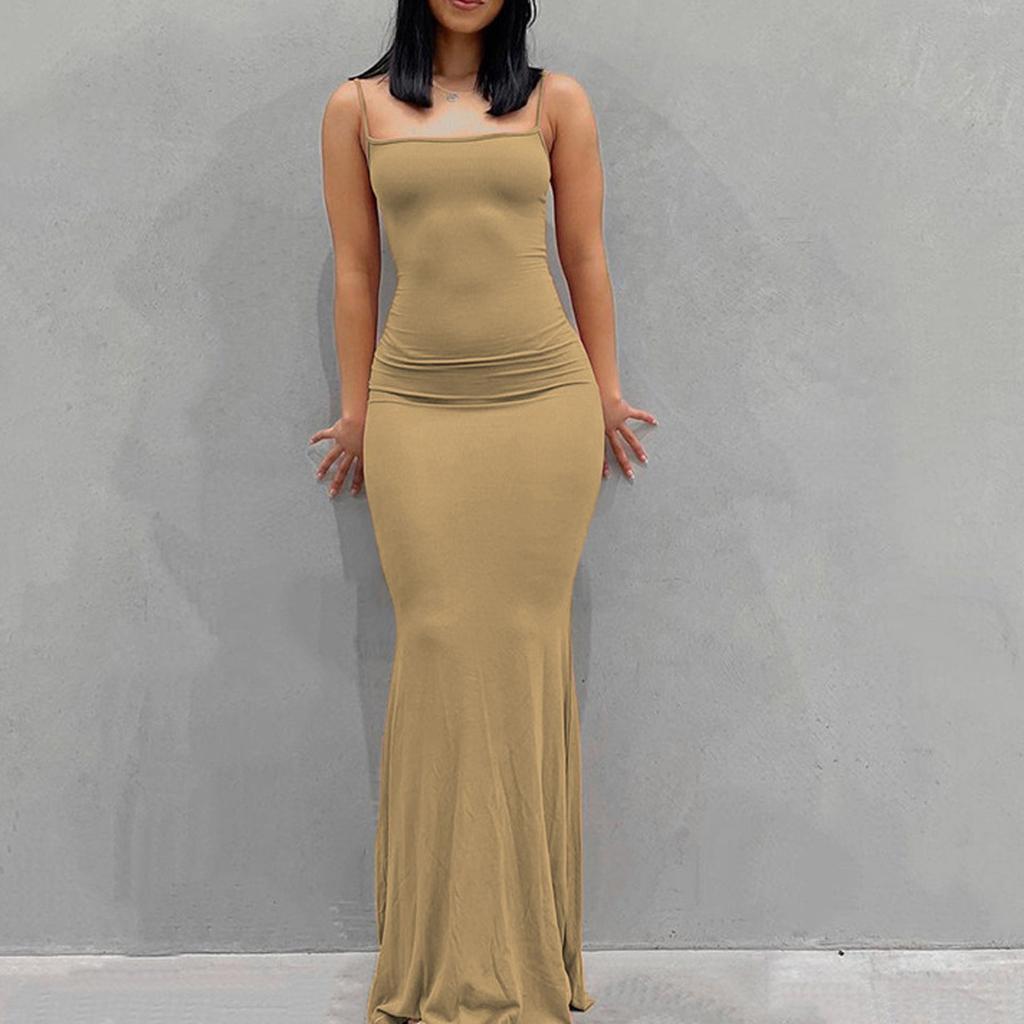 Fashion Women's Sling Sleeveless Sexy Solid Color Open Back Slim Fit  Long Dress