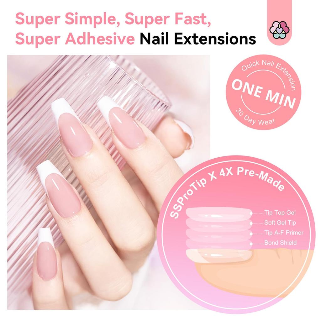 Saviland Nail Everlasting Gel Nail Pink Medium Coffin Nail Full Soft Gel Fake Solid Nail Glue UV Nail French Tip Home DIY 256-Piece Press-On Kit