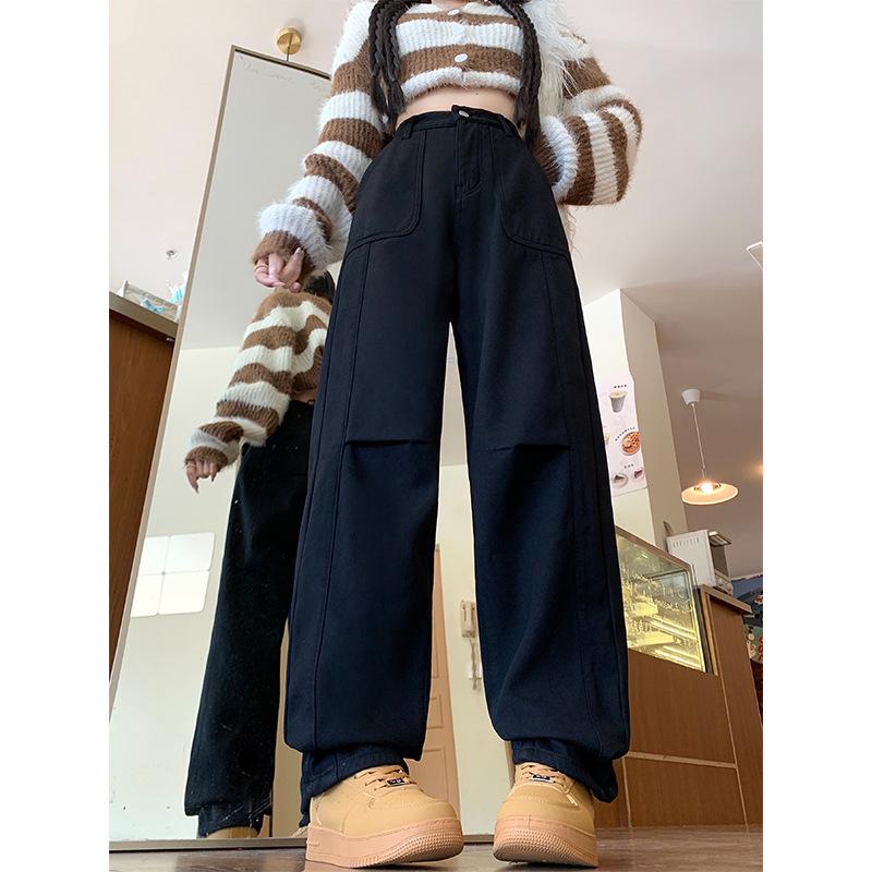 

Женские джинсы больших размеров с флисовой подкладкой и широкими штанинами - Осенне-зимние брюки карго с высокой посадкой S