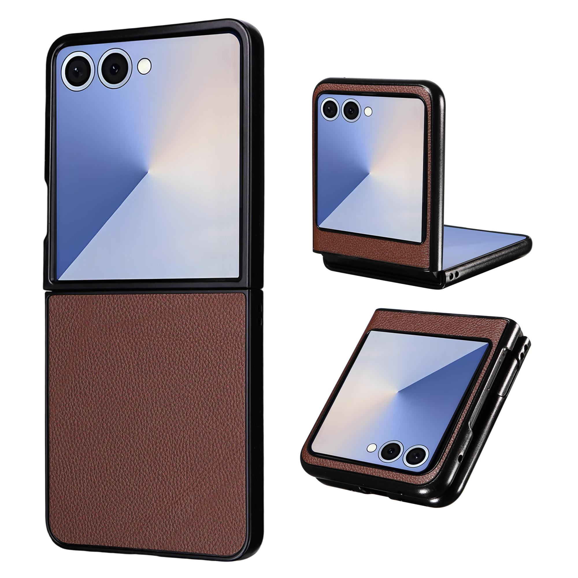 

For Samsung Galaxy Z Flip7 5G Case Litchi Texture Leather+Hard PC Phone Cover Brown