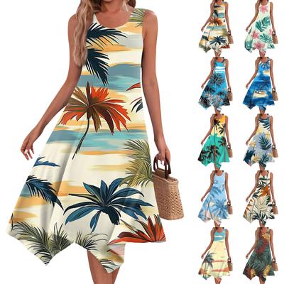 Women's Casual Fashion Round Neck Sleeveless Floral Print Irregular Hem Midi Dress