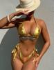 Women's Swimsuits Golden Halter Neck Lace-up Split Swimsuit Bikini Beachwear Bathing Suits