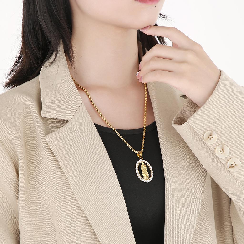 Hip Hop Catholic Virgin Mary Pendant Necklace for Men Women Gold Color Stainless Steel Jewelry Personalized Zirconia Accessories
