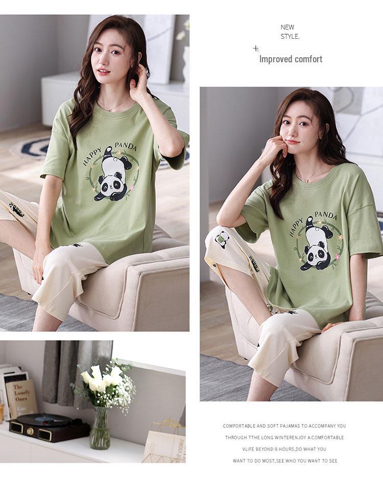 Women's Summer Korean-Style Cotton Cropped Pajamas with Split Sleeves - Cute, Versatile Two-Piece Set for Home or Outdoor Wear.