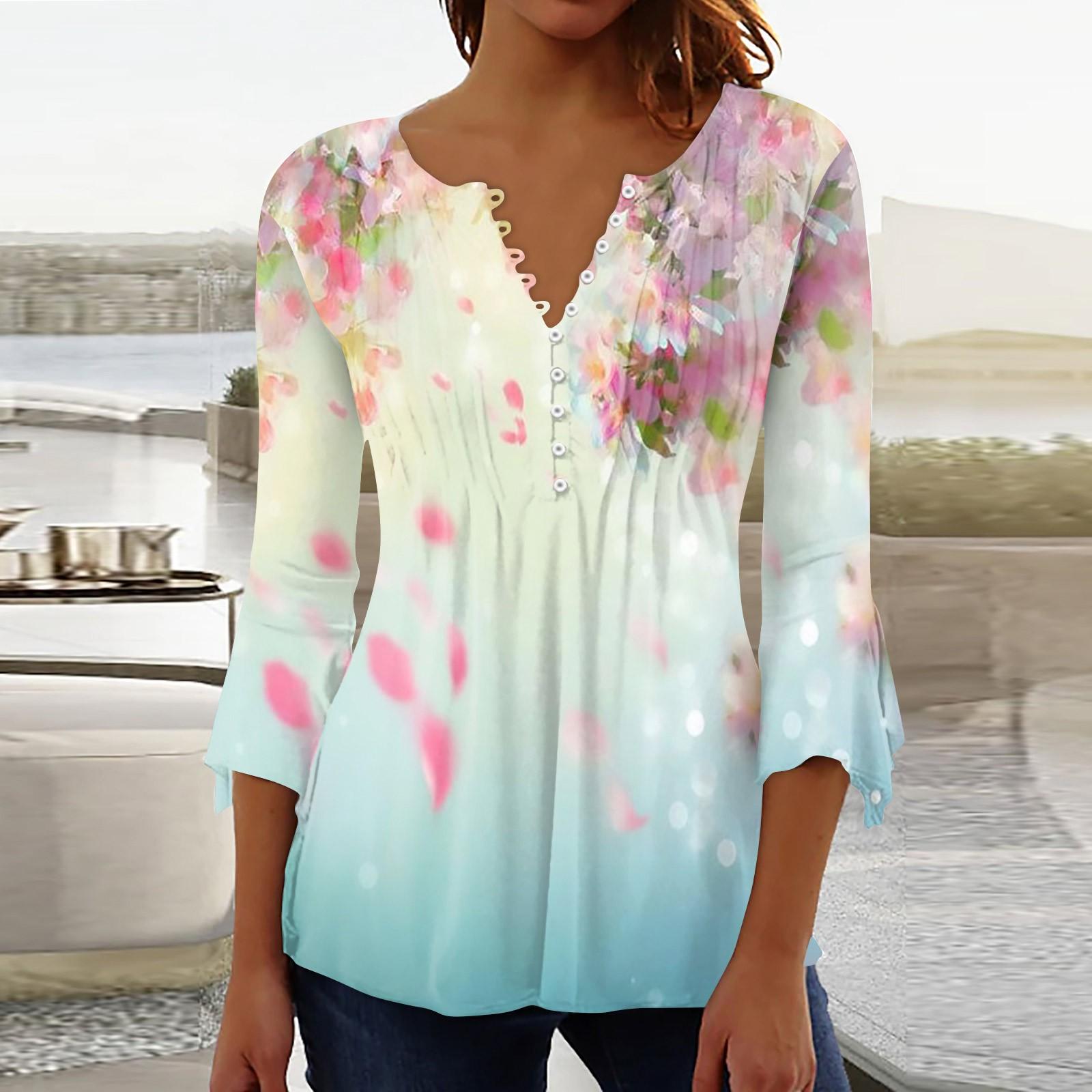 

Жіночі сорочки на ґудзиках Туніки з квітковим принтом Літні топи Одягнені повсякденні весняні блузки з рукавом 3/4 і V-подібним вирізом M