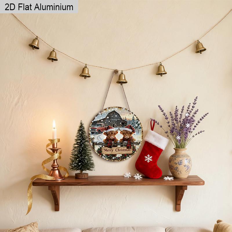 2D Flat Merry Christmas Aluminium Sign with Highland Cow Pattern - Navidad Figurine Ornaments - Ideal for Front Door, Wall, Porch, Fence Decor