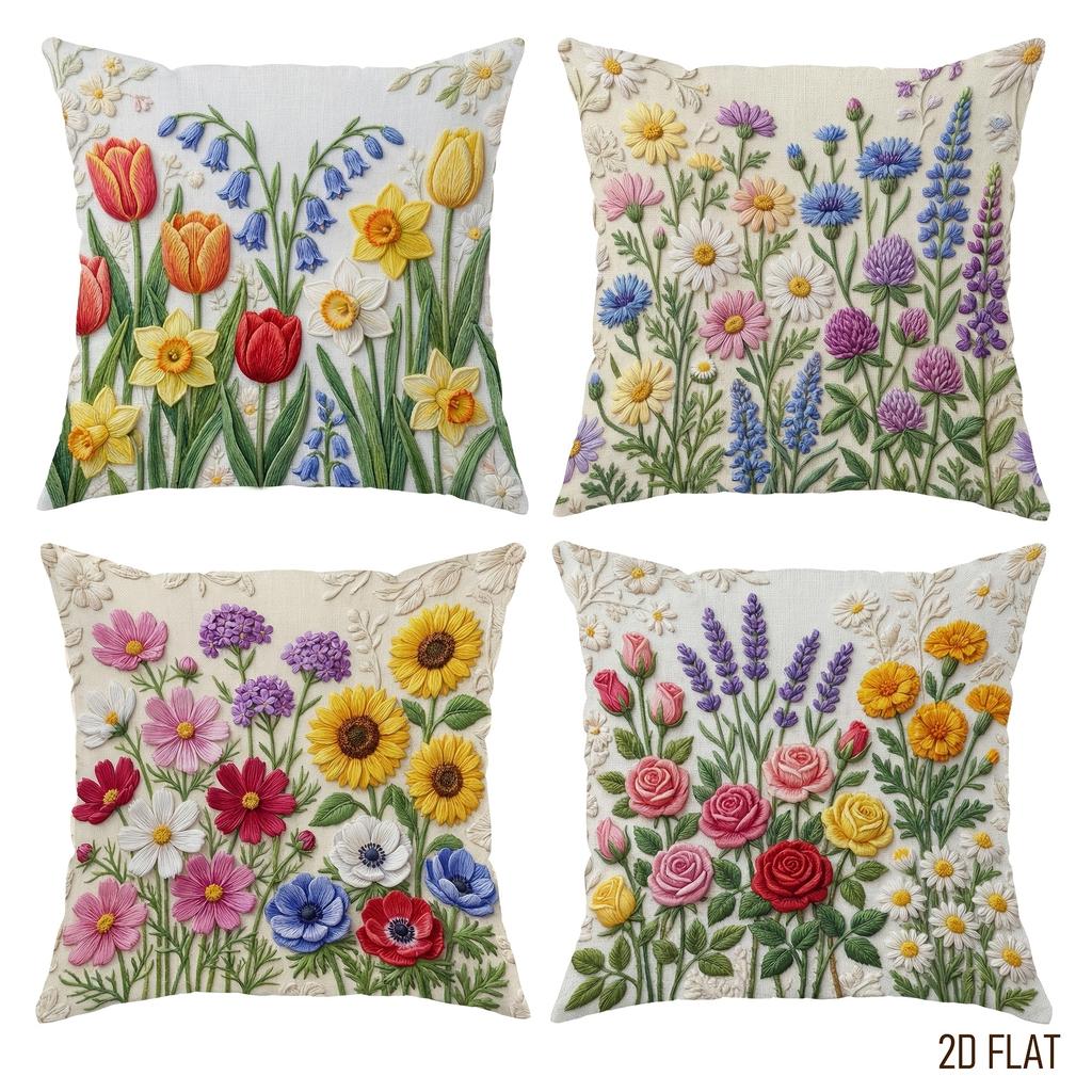 4 Stück Blumenmuster Kissenbezug Tulpe Rose Sonnenblume Gänseblümchen Lavendel Kissenhülle Polyester Heimdeko Sofa Schlafzimmer Wohnzimmer