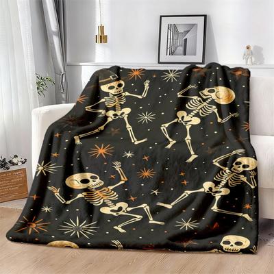 Skeleton Dance Party Flannel Blanket Soft Cozy Throw with Black Skeletons & Stars Design, AllSeason Contemporary Style for Family Gatherings Perfect G