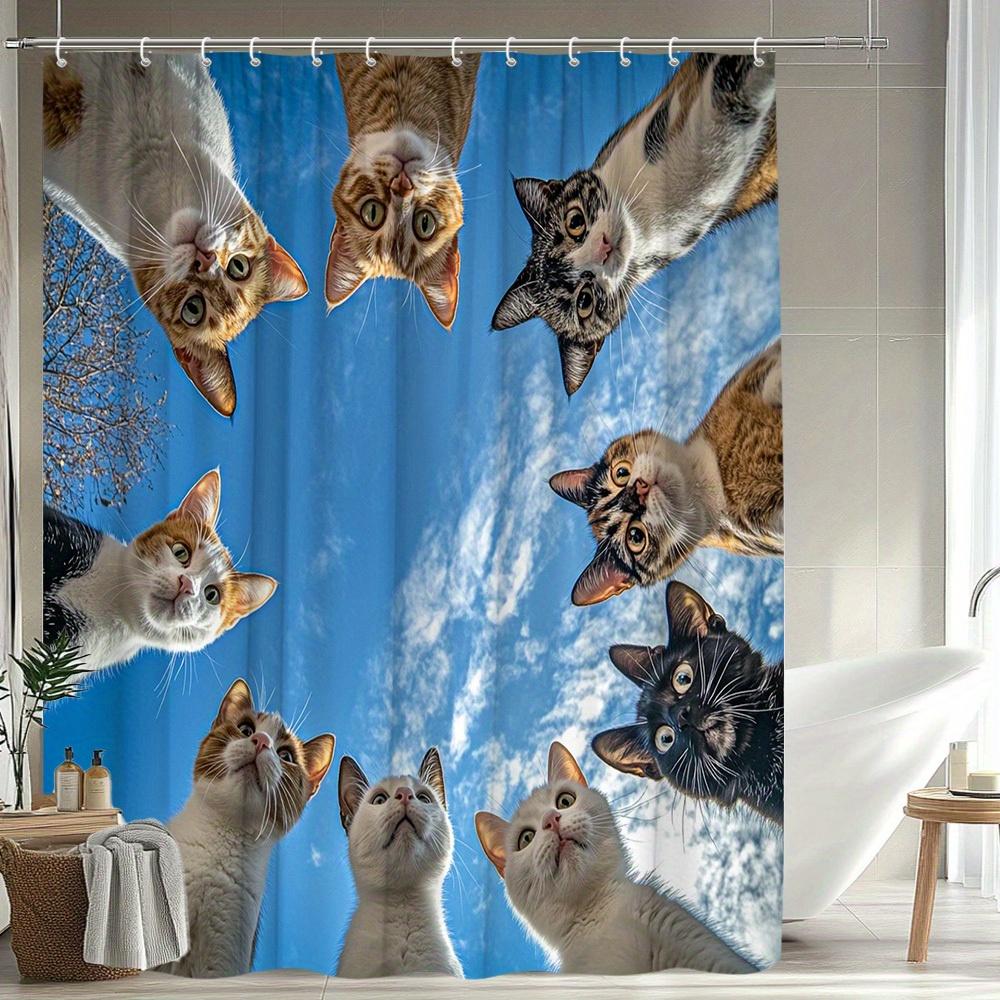 

1pc. Cute Cat Sky Creative Pattern Shower Curtain, Bathroom Decoration, Polyester Fabric, with 12 Hooks, 70. 8X70. 8 Inch 90x180cm