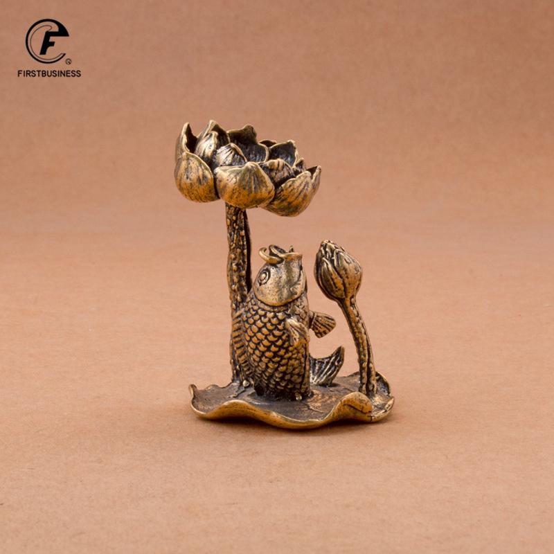 Antique Brass Lotus Leaf Backflow Incense Burner Decorations Solid Pure Copper Frog Lotus Pond Censer Holder Ornaments Tea Pets