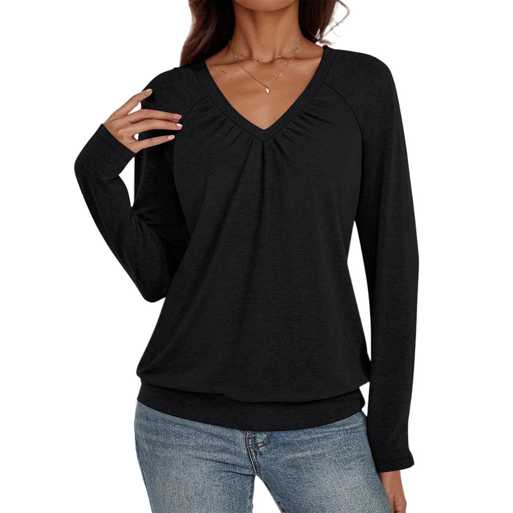 Women's Casual Fashion V-Neck Raglan Pleated Color Long Sleeve Top