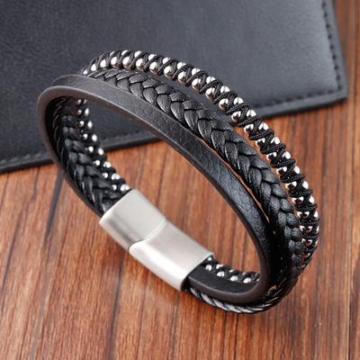 Pulsera de cuero trenzado multicapa con cierre magnético de acero inoxidable personalizada a la moda para hombres, brazaletes negros
