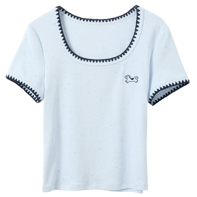 Sancai Women's Slim Fit Shell Embroidered Short Sleeve T-shirt