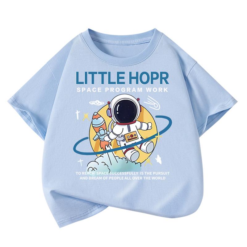 1pcs Boys 100% Cotton Tee Summer Cartoon Fashion T-shirt Student Short-sleeveds Astronaut Print Tops Childrens Round Neck Tshirt