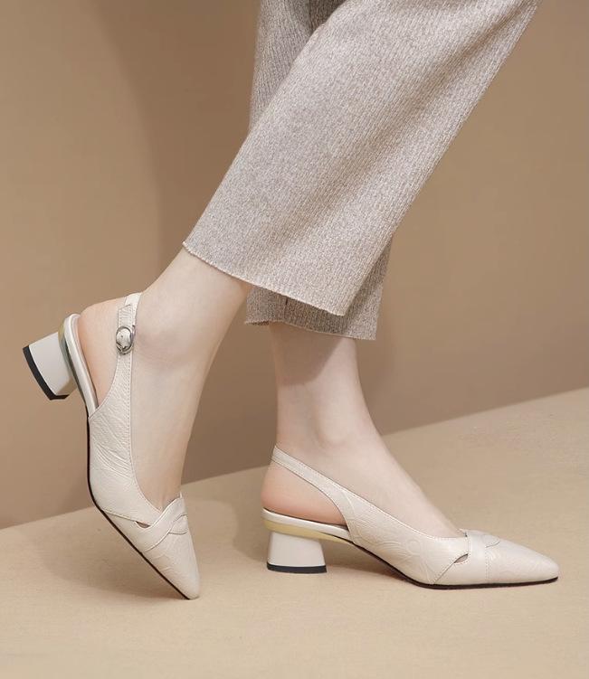 Sandale cu vârful ascuțit pentru femei, cu toc gros în stil francez și tocuri înalte retro pentru femei