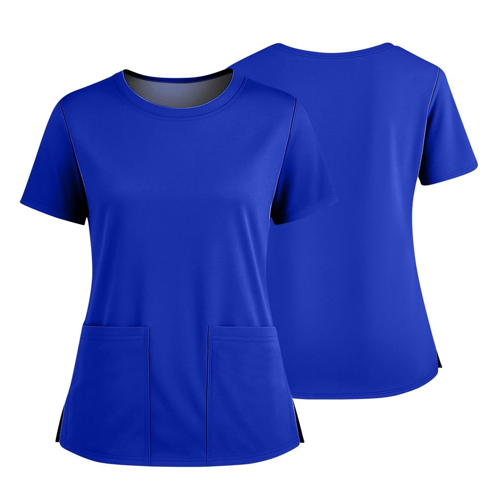 Dámská módní barevná kulatý výstřih kapsa krátký rukáv košile s rozparkem spodní lem uniforma a pracovní top