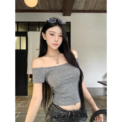 Damen schulterfrei Sternenprint Crop Top Gerippt Kurzarm Schmal geschnitten Lässiges Oberteil
