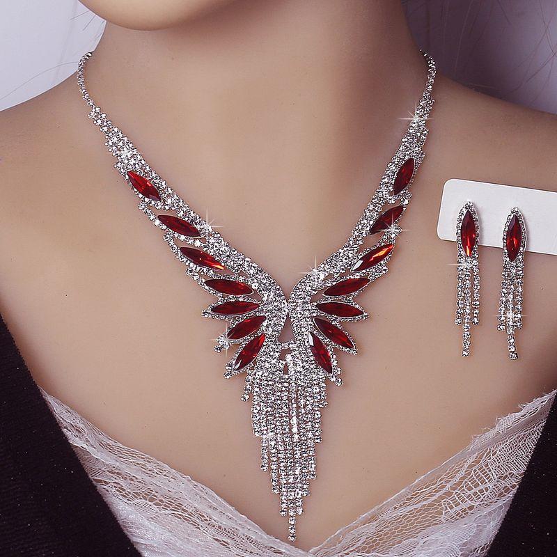 

Angel Wings European and American Style Necklace Suit Eardrops Jewelry Suit Banquet Dress Set Chain Fashion All-Match Glitter Ornament Red necklace + earrings Two-piece set X18
