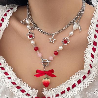 Sweet Wind Strawberry Bow Pendant Necklace Female, Metal Chain Stacked Choker Necklace